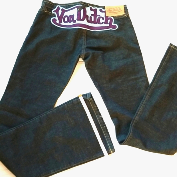 Y2k VON DUTCH Blue Purple Low Rise Flare Embroidery Patch Dark Wash Jeans 28 LN - Picture 4 of 16